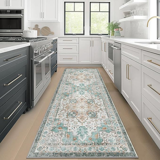 GENIMO 2x6 Runner Rugs for Hallway, Machine Washable Non Slip Vintage Rugs, Low Pile Lightweight Soft Print Rug for enrtyway, Corridor, Home Office, Kitchen, Cyan