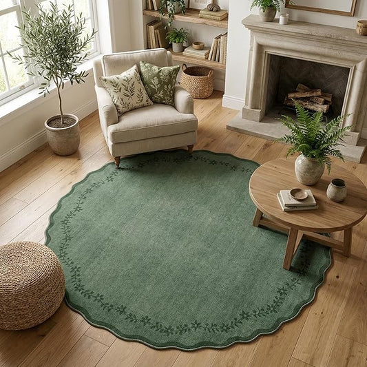 GarveeHome Round Area Rugs 8ft for Living Room, Large Solid Green Washable Circle Rug Soft Non Slip Forest Animal Print Floor Mat Carpet Indoor Thin Rug for Bedroom Dining Room Playroom Nursery