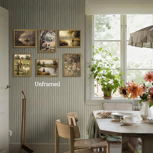 Vintage Countryside Wall Art Set of 6, Unframed Canvas Prints Rustic Farmhouse Nature Landscape Posters, Retro Children and Animal Painting Pictures for Living Room Bedroom Home Decor 8x10 Inch