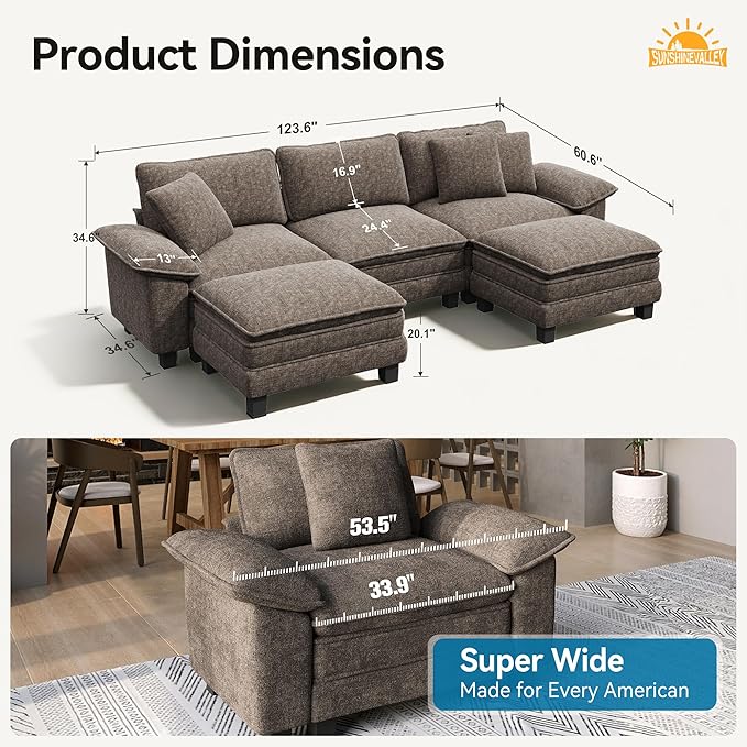 SUNSHINE VALLEY U Shaped Modular Cloud Couch, 123.6'' Comfy Chenille Sectional Sofa with Wider Armrest and Ottoman, Upholstered 5-Seat Modern Deep Seat for Bedroom Living Room, Taupe Gray