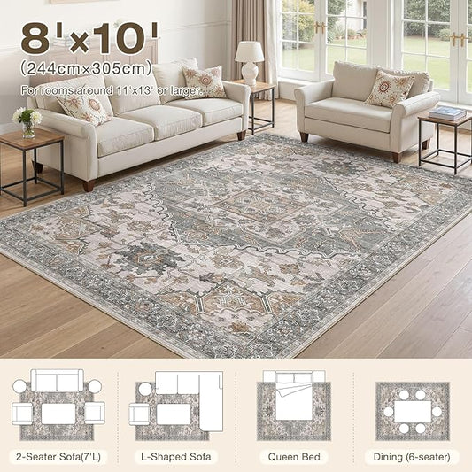 8x10 Washable Area Rugs for Living Room: Non Slip Vintage Gray Brown Rug, Large Soft Stain Resistant Indoor Floor Carpets for Bedroom Dining Room Nursery Home Office Kid & Pet Friendly