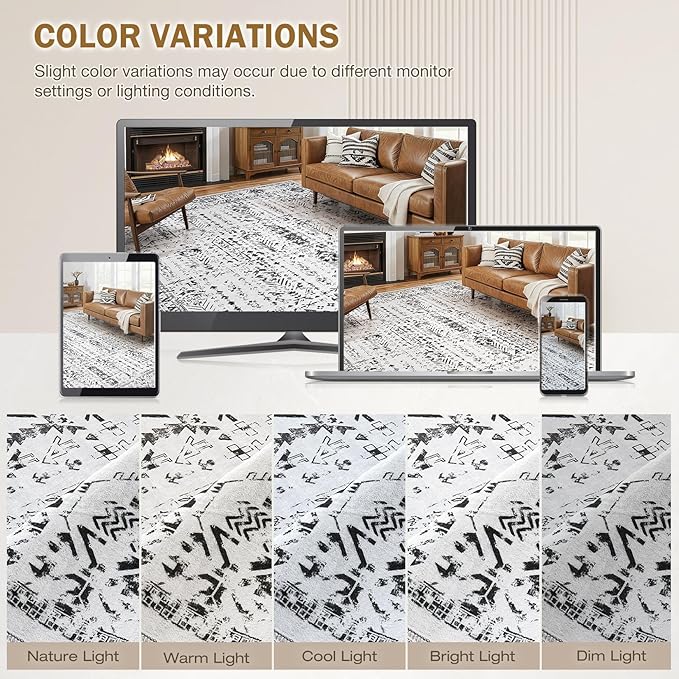 Area Rug for Living Room - 7x9 Soft Washable Oriental Vintage Floral Distressed Large Carpet - Fade Stain Resistant Non Slip Rugs for Bedroom Dining Room Nursery Dorm Office Home Decor - White Black