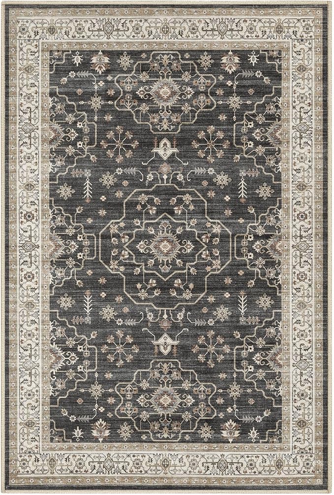 Area Rug for Living Room - 2x3 Soft Washable Oriental Vintage Floral Distressed Large Carpet - Fade Stain Resistant Non Slip Rugs for Bedroom Dining Room Nursery Dorm Office Home Decor - Black