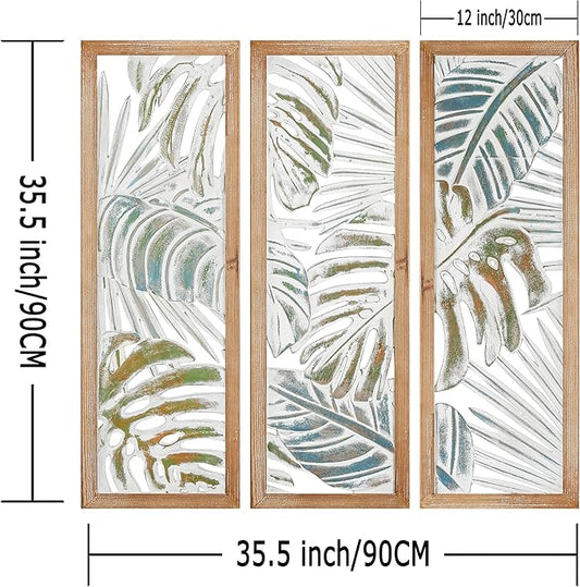XIAOAIKA Boho Hand-Carved Wood Wall Art Decor, 35.5" Tropical Leaf Design, Distressed White Wood Panels, Decorative Hanging Wall Sculpture for Living Room, Bedroom, Office (Set of 3 Panels)