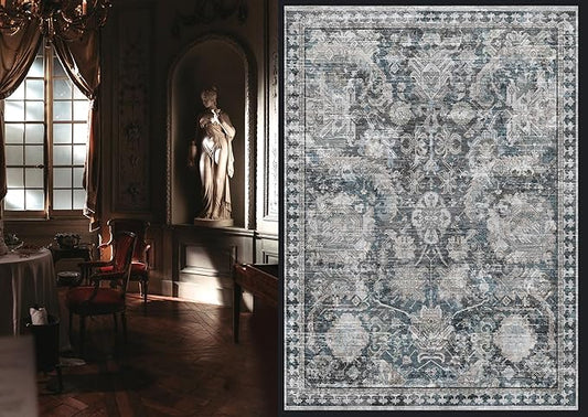 RUGSURE Washable Area Rugs - Perfect for Living Room, Bedroom, Kids Room, Nursery - Stain & Water Resistant Non-Slip, Pet & Child Friendly, Vintage Tribal Area Rugs (Grey and Blue, 6' x 9')
