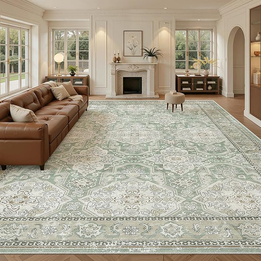 Soalmost 10x14 Area Rugs for Living Room, Non Slip Machine Washable Vintage Rugs, Low Pile Lightweight Large Rug for Bedroom, Dining Room, Home Office Green/Brown