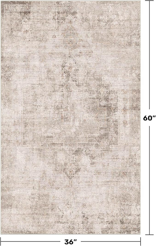 Washable Beige Brown Rugs for Entryway Indoor - 3x5 Throw Rug for Large Kitchen, Bedroom Bedside, Bathroom, Mudroom, Mordern Abstract Medallion Light Brown Décor, Non Slip Low Pile Fade Resistant