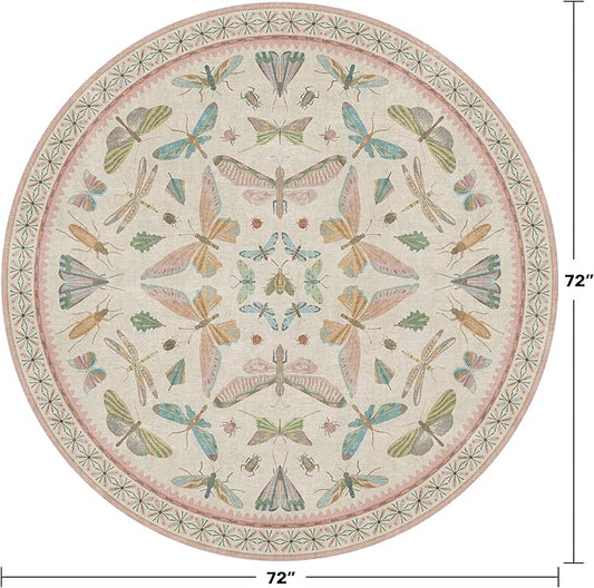 Pink Cute Butterfly 6ft Round Soft Rugs for Girls Bedroom Beside Bed - Non Skid Rug Low Pile Washable Living Room Rugs, Fun Insect Carpet for Playroom, Reading Corner, Low Pile & Soft