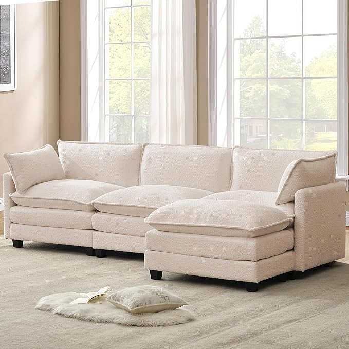 ROWHY 112'' Modular Sectional Cloud Couch with Movable Ottoman, 4 Seat Modern Chenille Sofa with 2 Throw Pillows, Deep Seat L Shaped Couch for Living Room Bedroom Apartment, Beige | Arrange Freedom