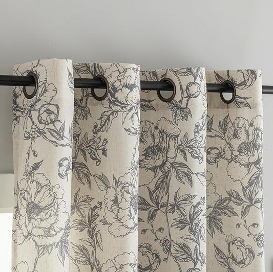 Taupe Floral Curtains for Living Room 108 Inches Long 2 Panels French Country Romantic Peony Patterned Vintage Farmhouse Linen Curtains Grommet Retro Window Treatments,50" W X 108" L