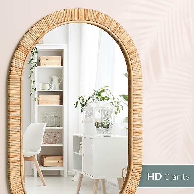 Barnyard Designs Oval Rattan Wall Mirror, Natural Tan Woven Rattan Frame, Indoor Decorative Mirror for Bedroom Living Room Entryway (20" x 30", Oval)