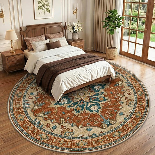 RELEANY Area Rugs Round 10ft Washable Non-Slip, Floral Vintage Distress Print Pattern Medallion Carpet for Living Room Bedroom Dining Room, Red Orange Blue Brown