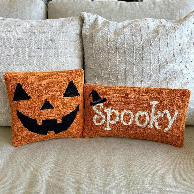 Hand Hooked Halloween Pillow - 12X12 inches Throw Pillow for Couch or Dorm (Jack O Lantern)
