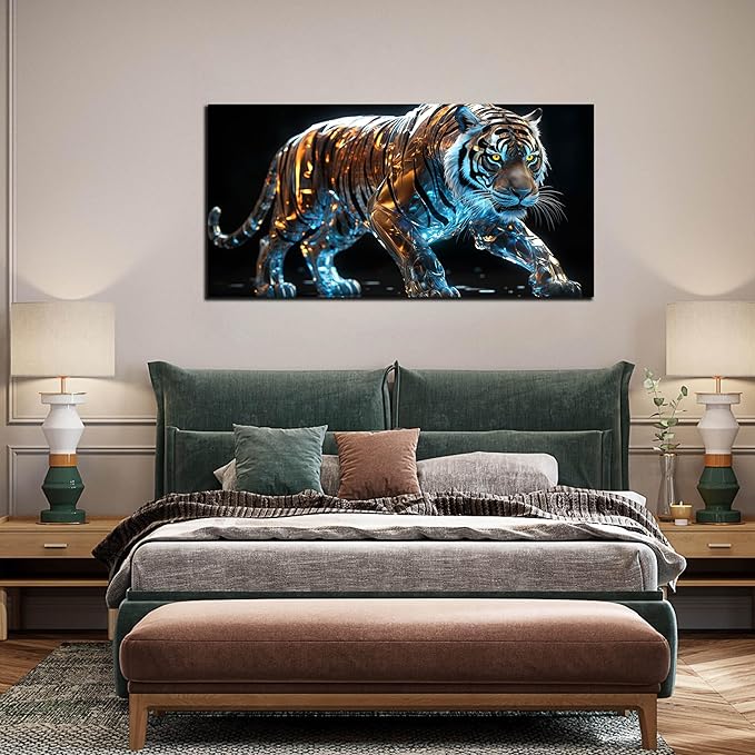 Ouzzlie Tiger Art Wall Decor for Living Room Modern Black Canvas Picture Gold Wall Art for Bedroom Office Large Artwork Print 29" x 59"