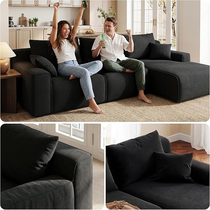 Homkdom L-Shaped Cloud Boneless Couch with Deep Seat, Modular Sectional Sofa with Oversized Chaise, 6 Layouts Combination for Living Room, Apartment, No Assembly (Black Check, Right Facing Chaise)