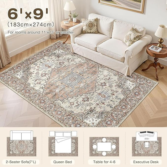 6x9 Washable Area Rugs for Living Room: Non Slip Vintage Brick Red Rug, Large Soft Stain Resistant Indoor Floor Carpets for Bedroom Dining Room Nursery Home Office Kid & Pet Friendly