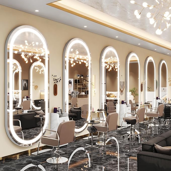 FENNIO 71" x 32" Large Wall Mounted Mirror with LED Lights, Oval Full Length LED Lighted Full Body Dressing Mirror for Bedroom, Salon, Brushed Aluminum Frame, Tempered Glass