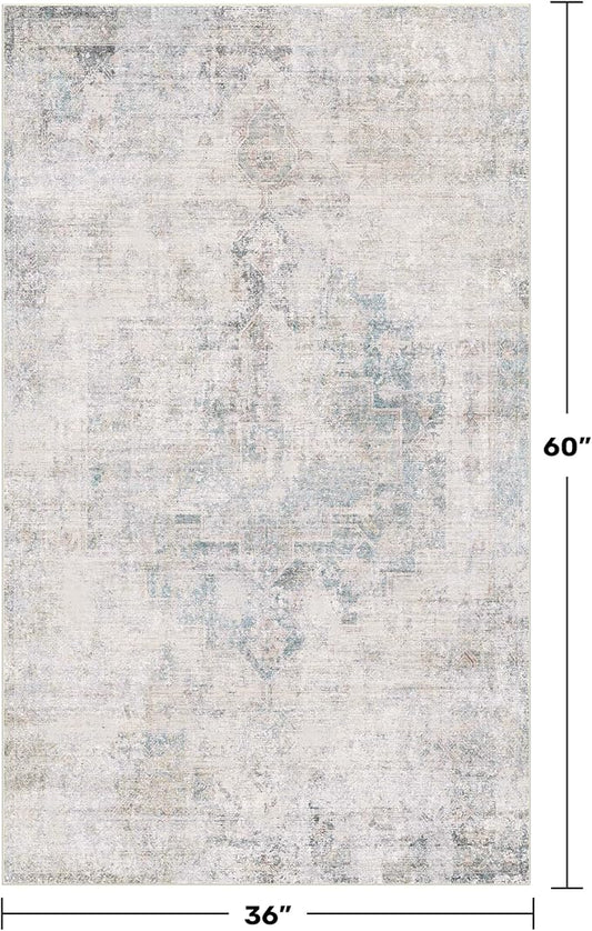 Washable Light Blue Rugs for Entryway Indoor - 3x5 Throw Rug for Large Kitchen, Bedroom Bedside, Bathroom, Mudroom, Mordern Abstract Medallion Aqua Décor, Non Slip Low Pile Fade Resistant