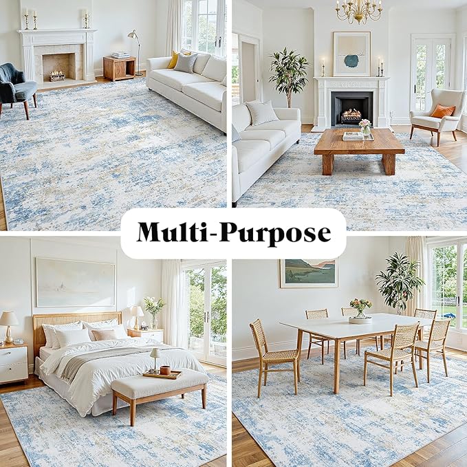 Area Rug 5x7 Living Room Rug Washable: No-Slip Abstract Soft Thin Large Blue White Gold-Beige Rugs, Indoor Floor Stain Resistant Modern Carpet for Bedroom Dining Room Farmhouse Nursery Home Office