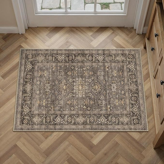2x3 Washable Area Rug for Entryway Kitchen Vintage Brown Non Slip Low Pile Door Mat Traditional Retro Soft Small Carpet for Bathroom Bedroom Indoor Entrance Dorm