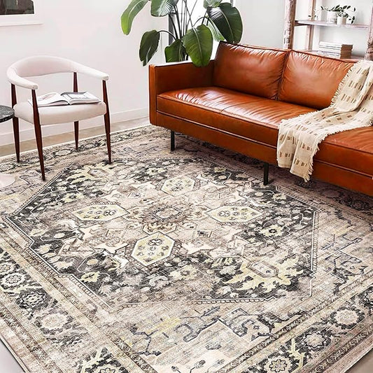 CHAMPLANT Washable Area Rug 10'x14' Black-Purple Khaki Retro Flowers Boho Design Non-Shedding Easy Care Ideal for High Traffic Areas in Living Room Bedroom Office Coffee Table Kitchen Large Carpet