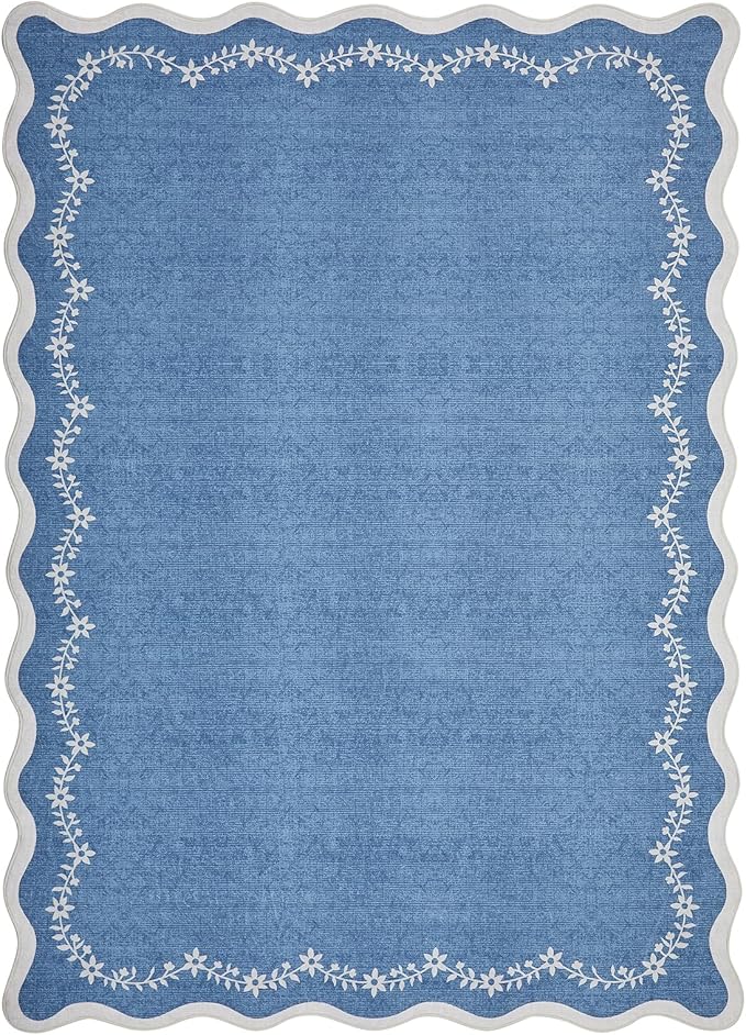 GarveeHome 3x5 Scalloped Washable Area Rug for Bedroom,Soft Solid Navy Entryway Rug Non Slip Low Pile Carpet Stain Resistant Throw Rug for Bedside Kids Room Office Dining Room
