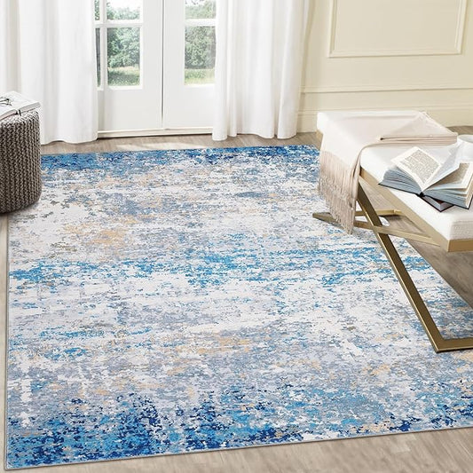 ROYHOME 4x6 Modern Abstract Rugs for Living Room Stain Resistant Carpet Ultra Soft Indoor Floor Cover Accent Rug Low Pile Thin Rug for Bedroom Dining Room, Blue/Grey