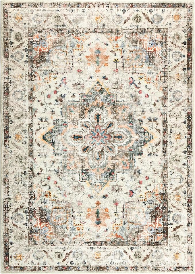 YOH Boho Washable Rug 6x9, Vintage Multi Non Slip Area Rug, Distressed Indoor Carpet for Living Room Bedroom Kitchen Office