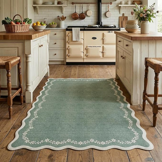 GarveeHome 3x5 Scalloped Washable Area Rug for Bedroom,Soft Sage Green Entryway Rug Non Slip Low Pile Carpet Stain Resistant Throw Rug for Bedside Kids Room Office Dining Room