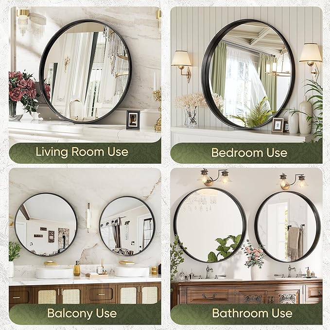 Suidia 2-Pack 30" x 30" Bathroom Mirror, Bathroom Vanity Mirror Metal Framed, Wall-Mounted Mirrors for Bedroom, Living Room, Entryway, Hallway, Black, Round Style