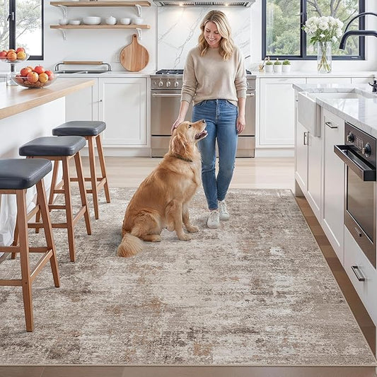 ZHXXUJ Washable 6x6 Square Area Rug – Non Slip Modern Abstract for Kitchen Dining Room Living Room – Low Pile Thin Soft Indoor Rug (Beige Grey)