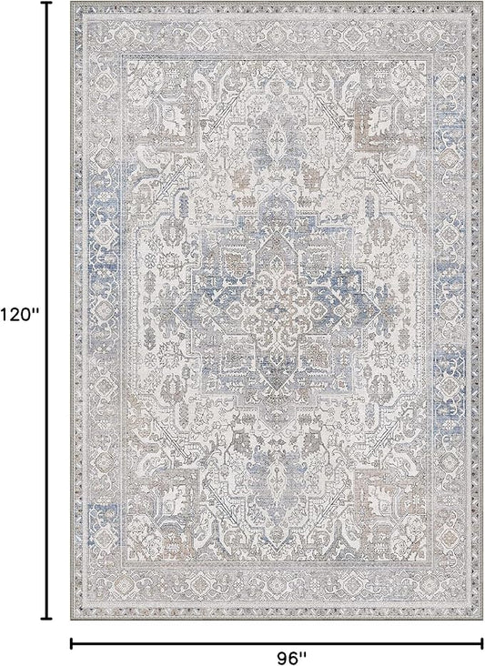 GENIMO 8x10 Area Rugs for Living Room, Machine Washable Non Slip Vintage Retro Rugs, Low Pile Lightweight Thin Print Rug for Bedroom, Dining Room, Home Office, Khaki Blue