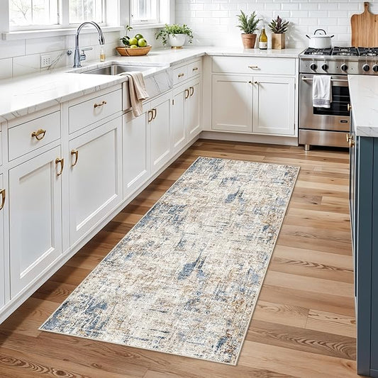 2x6 Washable Non-Slip Hallway Runner Rug – Modern Abstract Soft Carpet Runner for Kitchen, Bedroom with Rubber Backing – Low-Pile Thin Stain-Resistant Rug for Laundry Room, Entryway(Blue Brown)