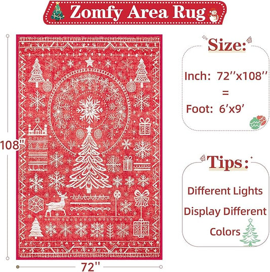 Christmas Area Rug for Living Room 6x9: Large Washable Xmas Rugs Boho Moroccan Holiday Rug Soft Non Slip Carpet for Bedroom Dining Table Home(Xmas Red, 6'X9')