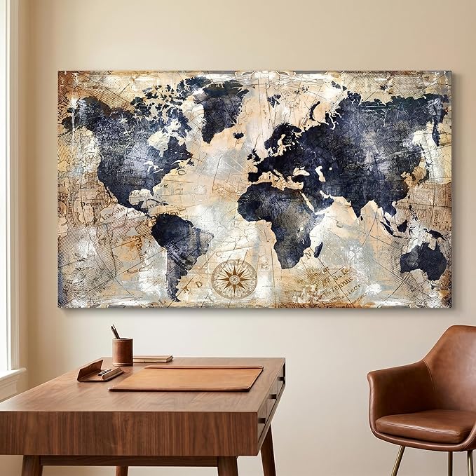 Framed Vintage World Map Canvas Wall Art Navy Blue and Tan Rustic Distressed Style Large Horizontal Print for living Room Bedroom Dining Office Home Artwork Size 36 x 70 in