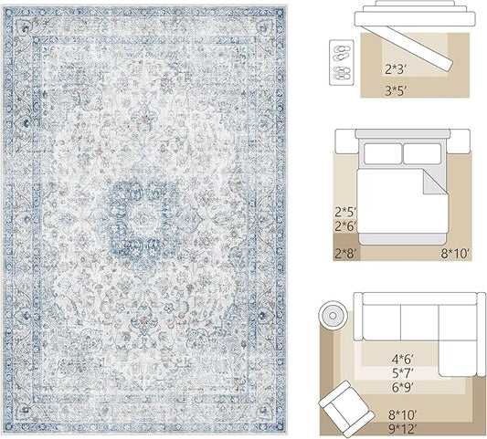 FMFUNCTEX 6x9 Blue Washable Area Rug Vintage Distressed Oriental Non Slip Low Pile Neutral Indoor Carpet for Living Room Bedroom Soft Retro Floral Thin Large Rug for Dining Nursery Office Dorm