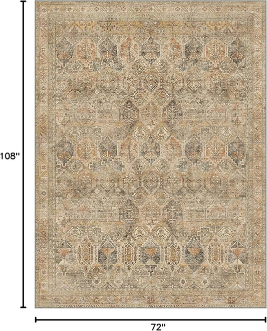 Bavni Washable Rug 6x9 Area Rug for Living Room Bedroom Dining, Washable Vintage Print Carpet, Ultra-Thin Chenille Low Pile Lightweight Rug with Non Slip Backing, Wood