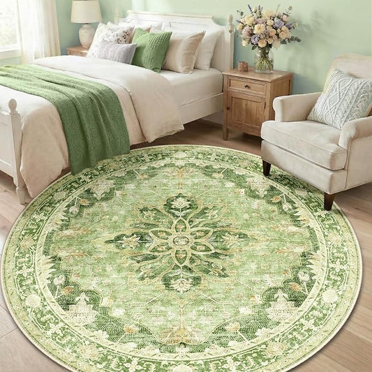 RELEANY Area Rugs Round 6ft Washable Non-Slip, Floral Vintage Distress Print Pattern Medallion Carpet for Living Room Bedroom Dining Room, Sage Green Yellow