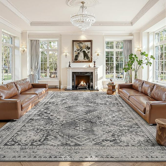 YOH Boho Washable Rug 8x10, Taupe Gray Vintage Non Slip Area Rug, Distressed Indoor Carpet for Living Room Bedroom Kitchen Office