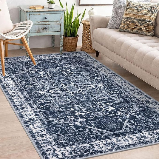 KOZYFLY Boho Area Rug 3x5 Ft Rugs for Entryway Washable Entry Rug Non Slip Door Mat Indoor Entrance Printed Faux Wool Throw Rugs for Entrance Kitchen Living Room, Navy/Grey