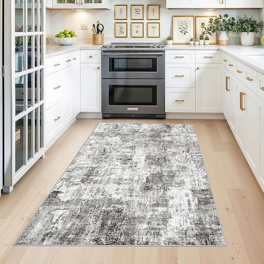 4x6 Entryway Rug – Non-Slip Low-Pile Small Area Rug for Kitchen Bedroom Living Room Office – Modern Abstract Neutral Throw Carpet with Rubber Backing (Grey)
