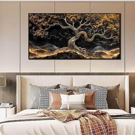Black and Gold Canvas Wall Art for Living Room - Tree Wall Decor for Bedroom - Large Modern Framed Wall Art for Office Size 29" x 59"