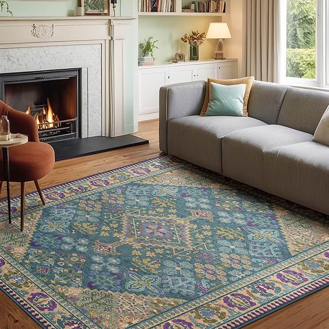 Kokia 4x6 Area Rugs for Living Room, Machine Washable Low Pile Rug, Non Slip Backing Boho Rugs for Bedroom, Printed Soft Vintage Carpet Teal Green Purple 4 x 6