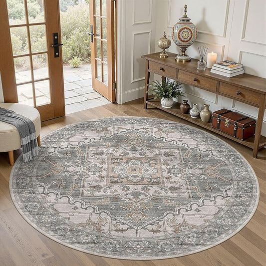 6ft Round Rug for Living Room: 6x6 Washable Vintage Gray Brown Area Rug, Large Non Slip Soft Stain Resistant Indoor Floor Carpet for Bedroom Dining Decor Home Office Kid & Pet Friendly
