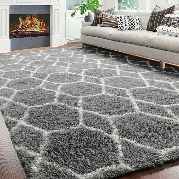 ONASAR Area Rugs for Bedroom Living Room, 4x6 Fluffy Grey and White Floor Rug, Shaggy Geometric Soft Plush Fuzzy Carpet for Nursery Teen Playroom Dorm Office Home Decor Aesthetic