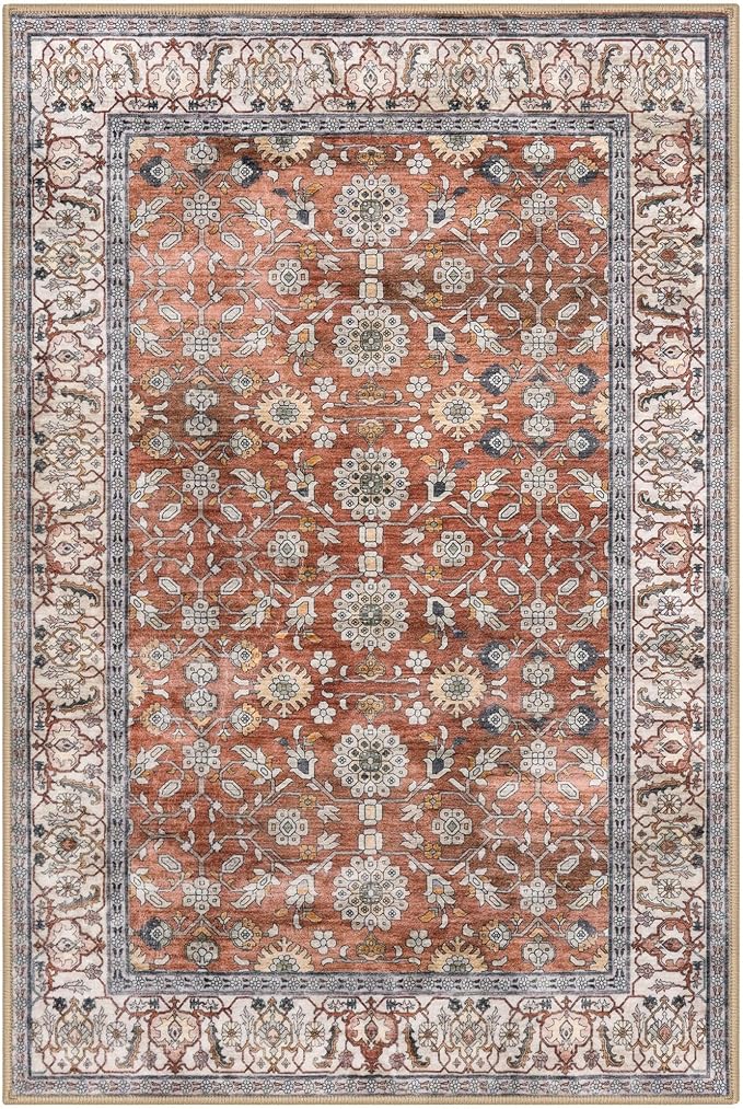 KUTA Vintage Floral Red Clay Entryway Rug 2x3, Kitchen Rugs Non-Slip Washable Throw Rug, Ultra Thin Soft Print Front Door Mat Indoor Doormat for Entrance, Bedside, or Small Spaces