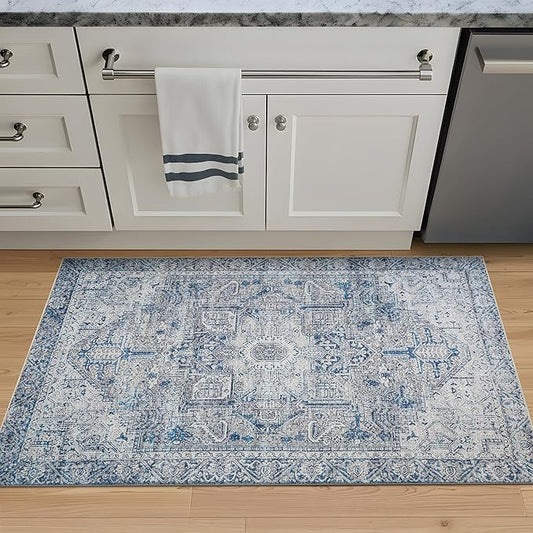 Bloom Rugs Washable Non-Slip 3' x 5' Rug - Blue/Gray Traditional Area Rug for Living Room, Bedroom, Dining Room, and Kitchen - Exact Size: 3' x 5'