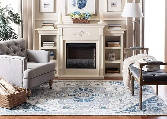 SAFAVIEH Micro-Loop Collection 3' x 5' IvoryNavy MLP503L Handmade Shabby Chic Medallion Premium Wool Entryway Living Room Foyer Bedroom Accent Rug