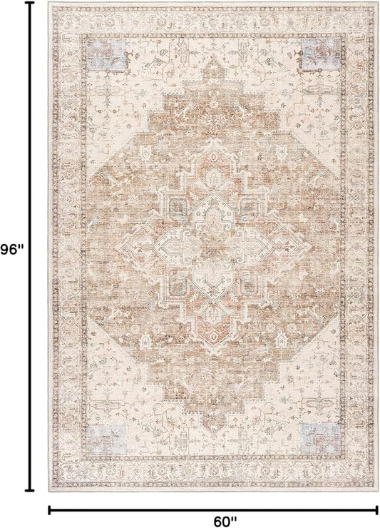 BILEEHOME Boho Farmhouse Bedroom Rug Washable Easy Clean Stain Resistant Vintage Country Rustic Neutral Persian Area Rug for Dining Room Under Table,Light Tan Brown Beig with Terracotta Pattern,5x8