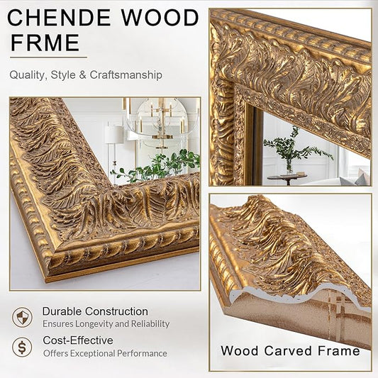 Chende Decorative Wall Mirror with Leaves Wood Frame, 41" L x 29" W Gold Ornate Mirror for Wall Decor, Elegant Rectangular Mirror for Living Room Bathroom Bedroom Fireplace Mantle